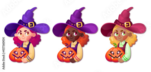 Halloween. Little witches in a bright hats and with a pumpkins in their hands. Illustration