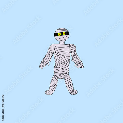 vector cartoon mummy character. Halloween costume isolated on blue background.