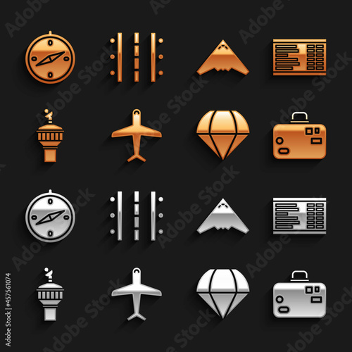 Set Plane, Airport board, Suitcase, Parachute, Radar, Jet fighter, Compass and runway icon. Vector