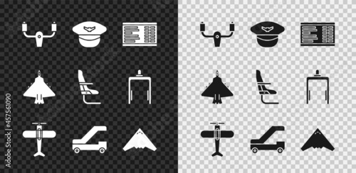 Set Aircraft steering helm, Pilot hat, Airport board, Plane, Passenger ladder for plane boarding, Jet fighter, and Airplane seat icon. Vector