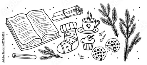 Winter doodle. Cozy Winter, hot drink, pastries, spices, Christmas sock, book, Christmas tree branches. Symbols of warm and cozy winter evening. Black white Seasonal Sketch Vector isolated.