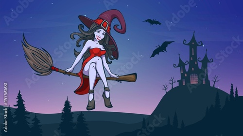 Halloween illustration with a beautiful girl witch in on a broomstick on the background of a spooky castle