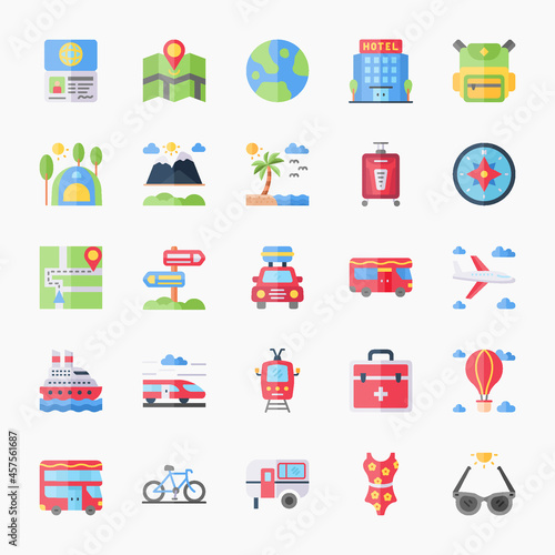 Icon Set of Travel. Flat Color icons vector. Contains such of passport, world, transportation, map location, tent, beach, mountain, compass and more. You can use for web, app and more.