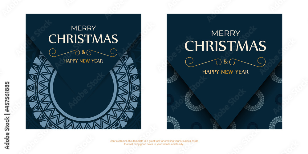 Greeting card Merry Christmas and Happy New Year in dark blue with winter blue ornament