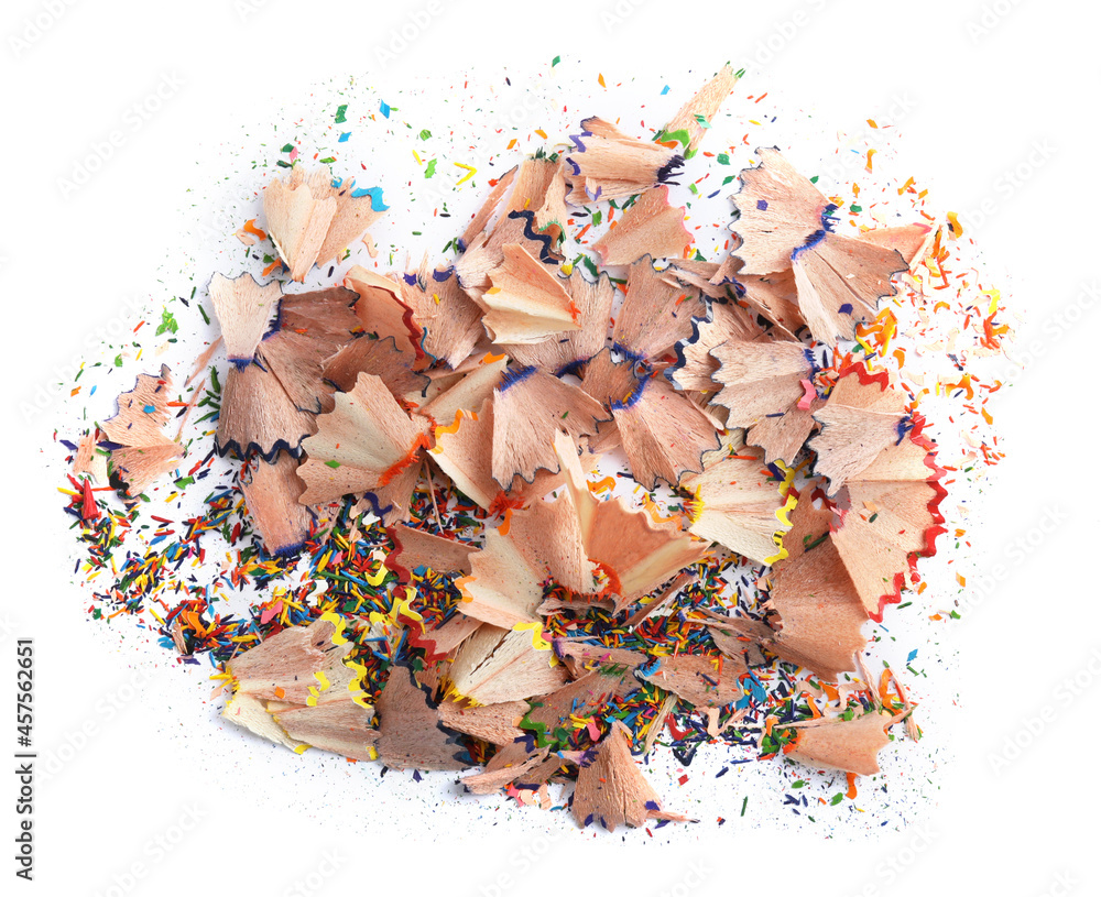 Heap of colorful pencil shavings on white background, top view Heap of colorful pencil shavings on white background, top view