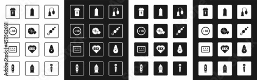 Set Penis pump, Adult label on compact disc, Plus 18 movie, Vagina masturbator, Anal beads, Condom, Dildo vibrator and Sex shop icon. Vector