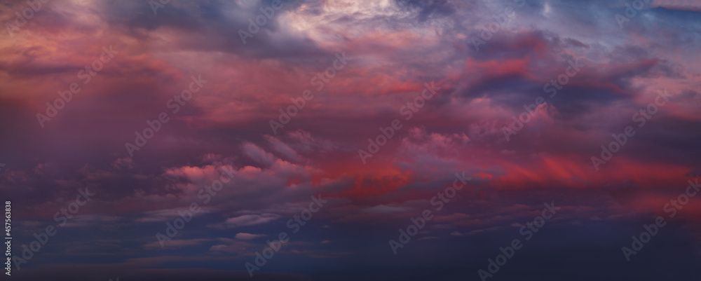 Pink and Purple Dramatic Sky With Clouds at Sunset, Panoramic Nature Background
