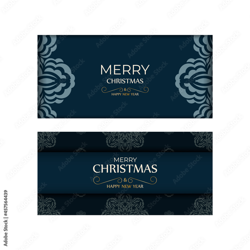 Holiday card Merry Christmas and Happy New Year in dark blue with winter blue ornament