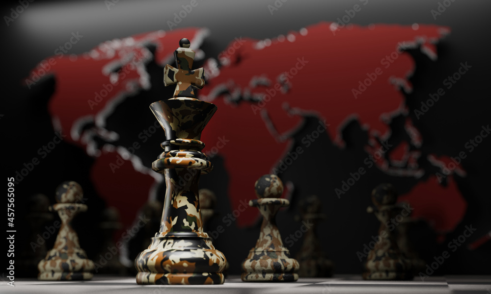 Concept war strategy. Chess king with pawns in camouflage on the background of the world map. 3d illustration Concept war strategy. Chess king with pawns in camouflage on the background of the world map. 3d illustration