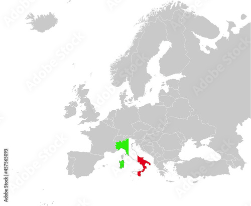 Map of Italy with national flag on Gray map of Europe 
