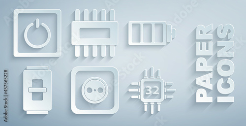 Set Electrical outlet, Battery charge level indicator, light switch, Processor with microcircuits CPU, and icon. Vector