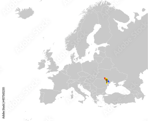 Map of Moldova with national flag on Gray map of Europe 