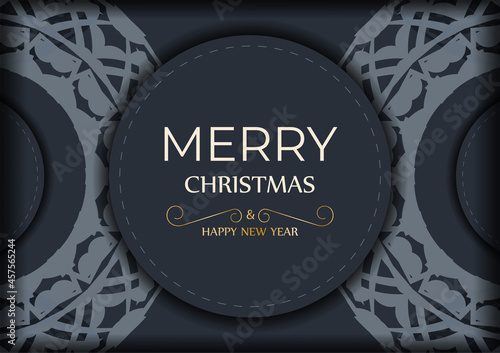 Holiday Flyer Merry Christmas and Happy New Year in dark blue color with vintage blue ornament
