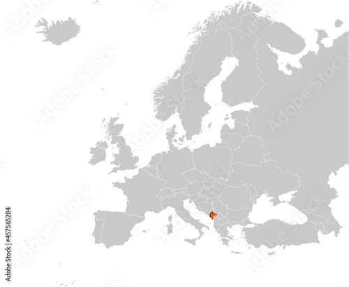 Map of Montenegro with national flag on Gray map of Europe 