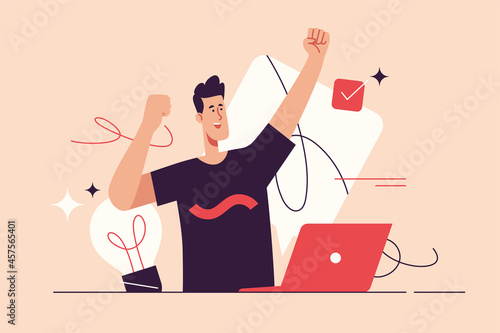Vector illustration depicting a young man celebrating the success. Editable stroke