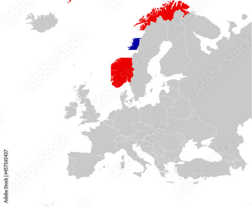 Map of Norway with national flag on Gray map of Europe	
