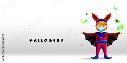 Happy Halloween greeting card design. Kid with bat costume wearing face mask protecting from coronavirus or COVID-19