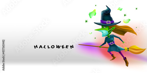 Happy Halloween greeting card design background. Witch wearing face mask protecting from coronavirus or COVID-19