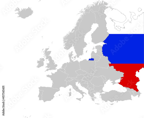 Map of Russia with national flag on Gray map of Europe  