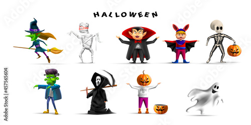 Set of halloween costume party cartoon character in realistic 3d vector