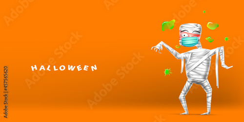 Happy halloween greeting card design background. Realistic 3d vector mummy wearing surgical face mask to protecting from coronavirus or COVID-19