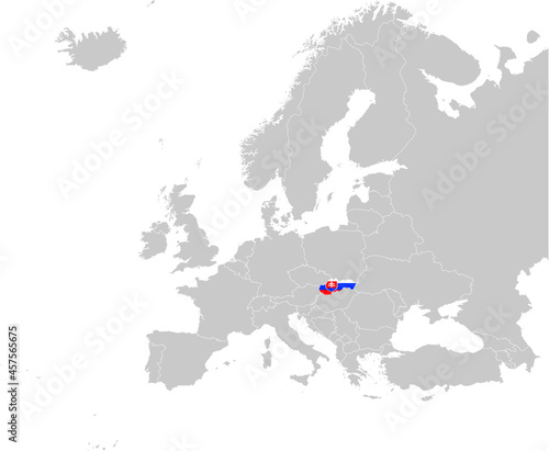 Map of Slovakia with national flag on Gray map of Europe 