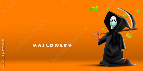 Happy Halloween greeting card design. scary scream grim reaper wearing face mask protecting from coronavirus or COVID-19