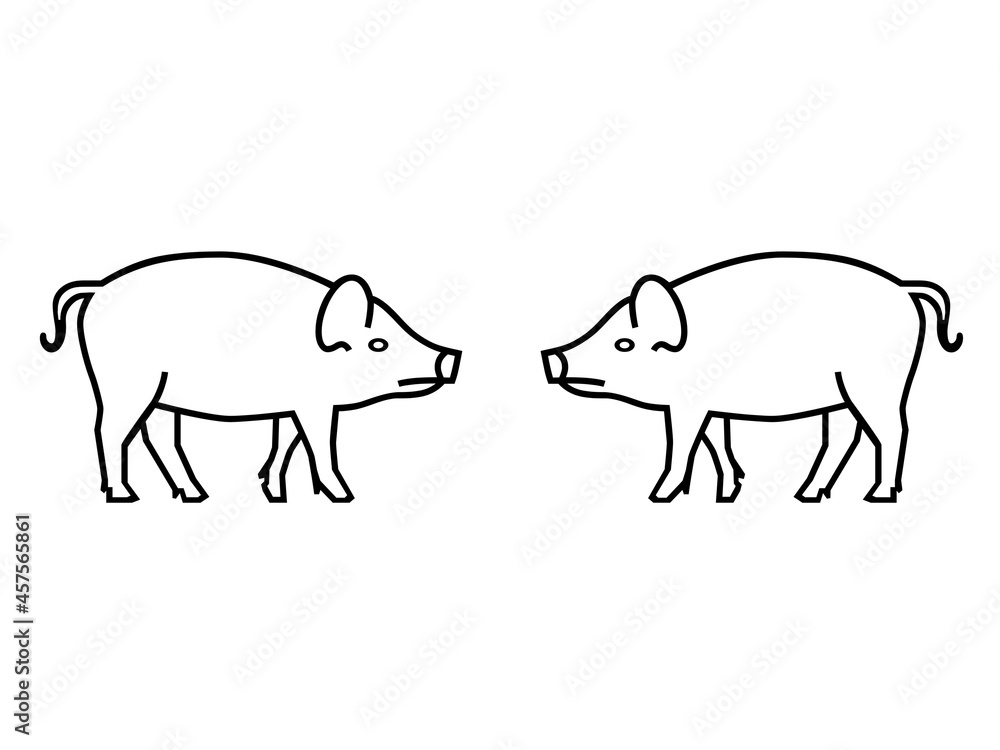 Two aggressive pigs or wild boars facing each other. Animals sketch, art, drawing, silhouette or shape isolated on white background. Two aggressive pigs or wild boars facing each other. Animals sketch, art, drawing, silhouette or shape isolated on white background.