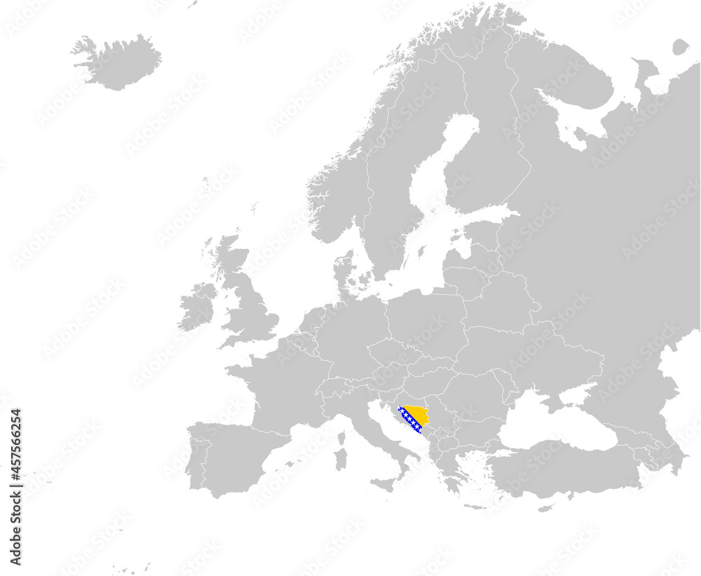 Obraz premium Map of Bosnia and Herzegovina with national flag on Gray map of Europe 