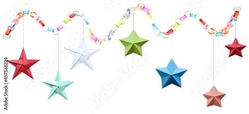 Holiday paper stars and birds haning with paper chain
