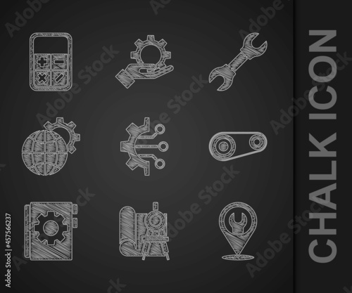 Set Algorithm, Graphing paper and compass, Location with wrench spanner, Timing belt kit, User manual, Globe of the Earth gear, Wrench and Calculator icon. Vector