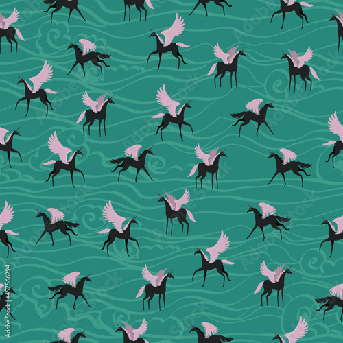 Pegasus with wings and horn. Black stylized horses. Seamless pattern. Vector.