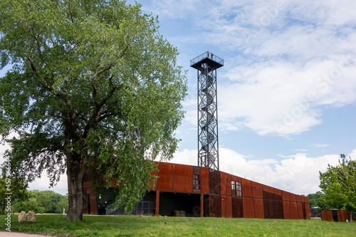 The building of a museum in Slovanske hradiste, Mikulcice made from rusty steel with a lookout tower