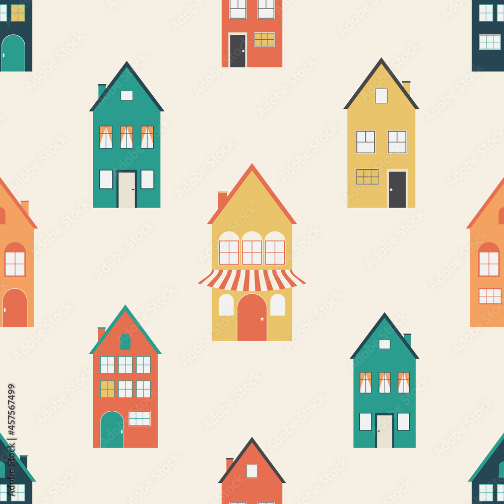 Colored houses on the streets of the city. Seamless modern pattern for trendy fabrics, wrapping paper, decorative pillows. Colored houses on the streets of the city. Seamless modern pattern for trendy fabrics, wrapping paper, decorative pillows.