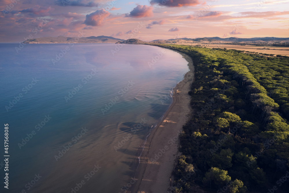 aerial view of the marine coast leading to talamone in the Tuscan Maremma