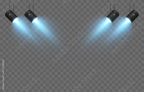 Vector set of light. Light source, studio lighting, walls, png. Blue light. Spot lighting, spotlight PNG. Rays, light effect.