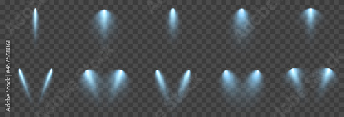 Vector set of light. Light source, studio lighting, walls, png. Blue light. Spot lighting, spotlight PNG. Rays, light effect.