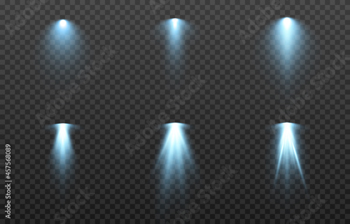 Vector set of light. Light source  studio lighting  walls  png. Blue light. Spot lighting  spotlight PNG. Rays  light effect.