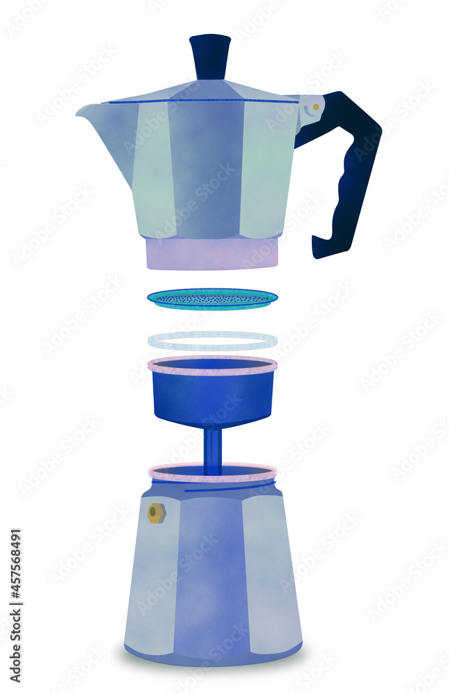 Permiso patrón principal Ilustración de cafetera italiana, funcionamiento. Ilustración sobre fondo  blanco Stock Illustration | Adobe Stock