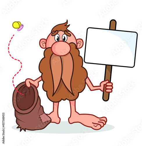 Hombre pobre - Mendigo con larga barba, saco vacío y letrero en la mano Dibujo Caricatura Cartoon