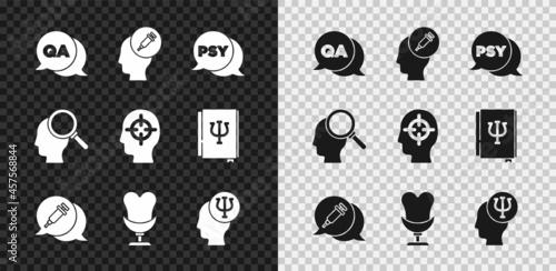Set Question and Answer, Addiction to the drug, Psychology, Psi, Armchair, Finding problem and icon. Vector