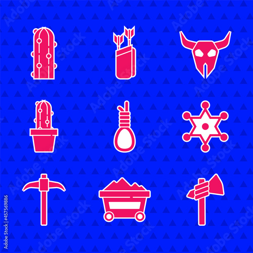 Set Gallows rope loop hanging, Coal mine trolley, Tomahawk axe, Hexagram sheriff, Pickaxe, Cactus peyote pot, Buffalo skull and icon. Vector