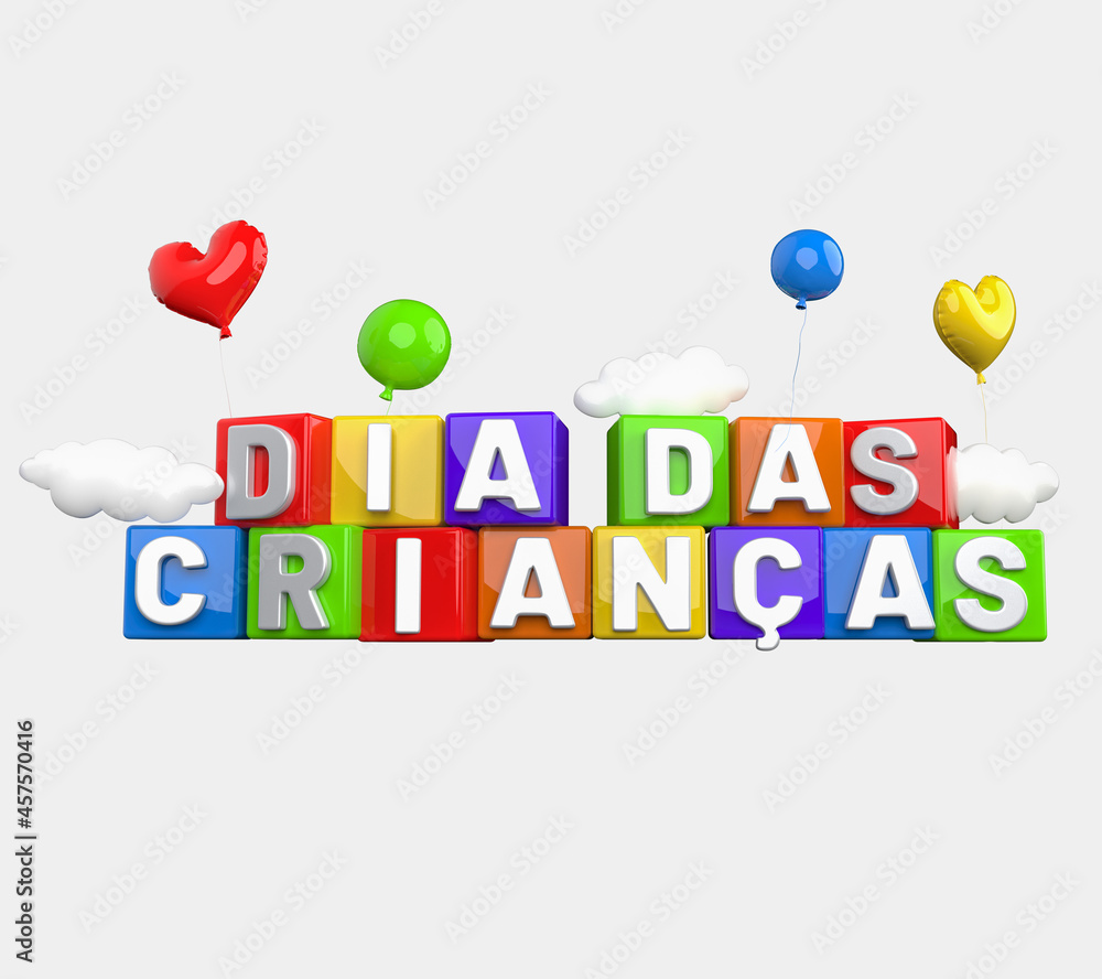 Fototapeta premium DIA DAS CRIANÇAS COLORIDO 3D COM BALÕES E NUVENS TEXTO EM FUNDO ISOLADO