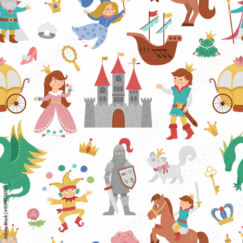 Seamless pattern with fairy tale characters and objects. Repeat background with fantasy princess, king, queen, witch, knight, unicorn, dragon. Medieval fairytale magic castle digital paper.