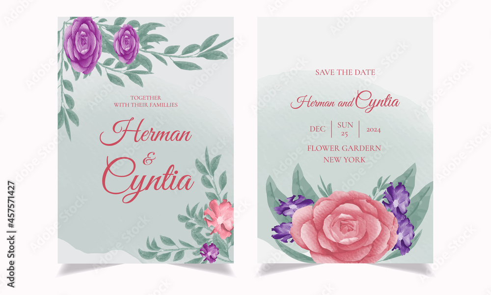 Elegant watercolor wedding invitation card template design. 