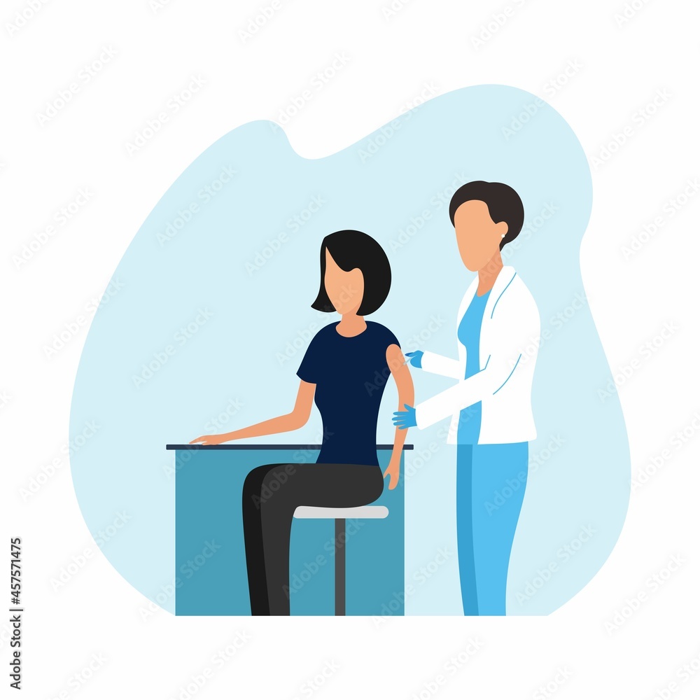Vector illustration of a woman getting vaccinated by a doctor. The doctor injects the vaccine into the woman's arm. Fight against COVID-19. Flat design style. Vector illustration of a woman getting vaccinated by a doctor. The doctor injects the vaccine into the woman's arm. Fight against COVID-19. Flat design style.