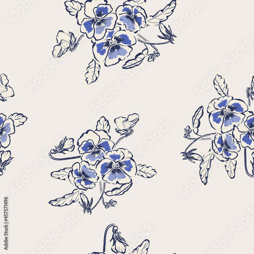 Seamless floral hand drawn pattern with bouquets of blue flowers of pansy on off white background.