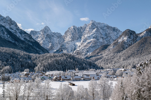 Kranjska Gora town in Slovenia at winter with mountains in the background