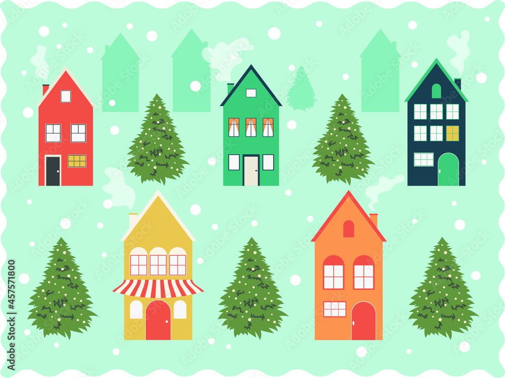 Postcard with winter city on a blue background. Multicolored cute houses and Christmas trees. Vector. Postcard with winter city on a blue background. Multicolored cute houses and Christmas trees. Vector.