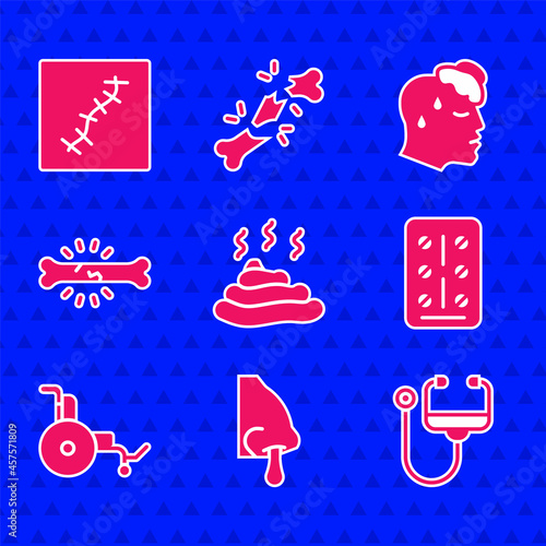 Set Shit, Runny nose, Stethoscope, Pills in blister pack, Wheelchair, Bone pain, High human body temperature and Scar with suture icon. Vector